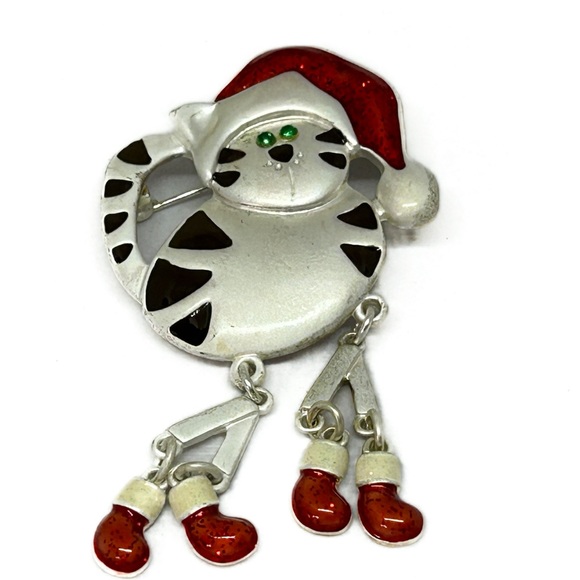 Christmas Cat with Dangle Legs & Red Cap Brooch - Picture 2 of 9